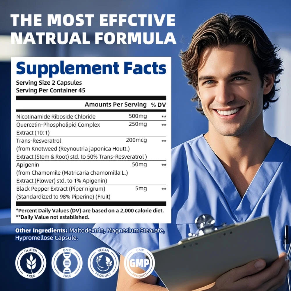 NAD+ Supplement - NAD Capsules Nicotinamide Riboside Resveratrol - NAD Supplements for Women and Men - Metabolism Support - 90 CT